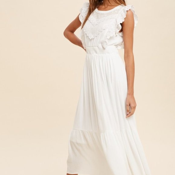 Last 1! NWT White Ivory Lace Trim Smocked Waist Midi Dress - Picture 4 of 5